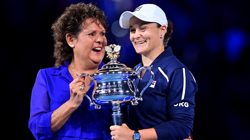 Evonne Cawley and Ash Barty with the Australian Open women's singles trophy.