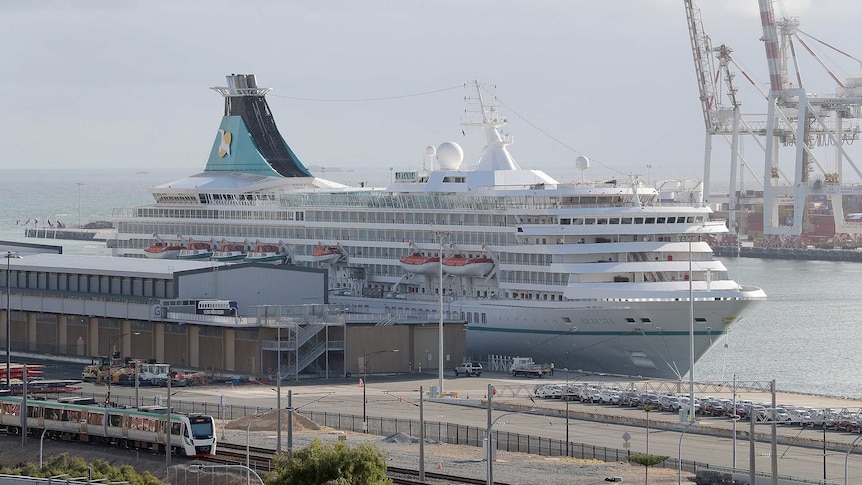 The stern of the Artania cruise ship as it sits docked at Fremantle Port.