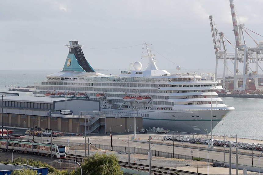 The stern of the Artania cruise ship as it sits docked at Fremantle Port.