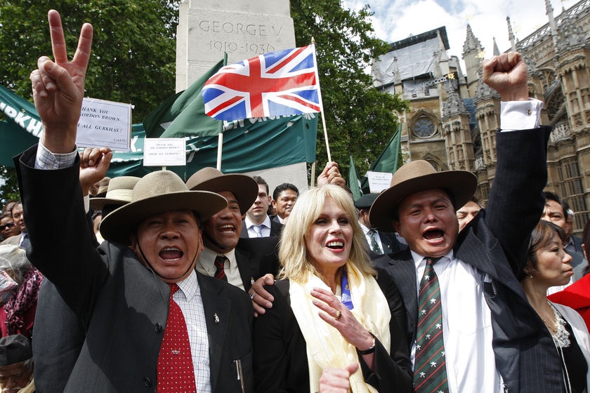 British actress and Gurkha activist Joanna Lumley celebrates with Gurkhas