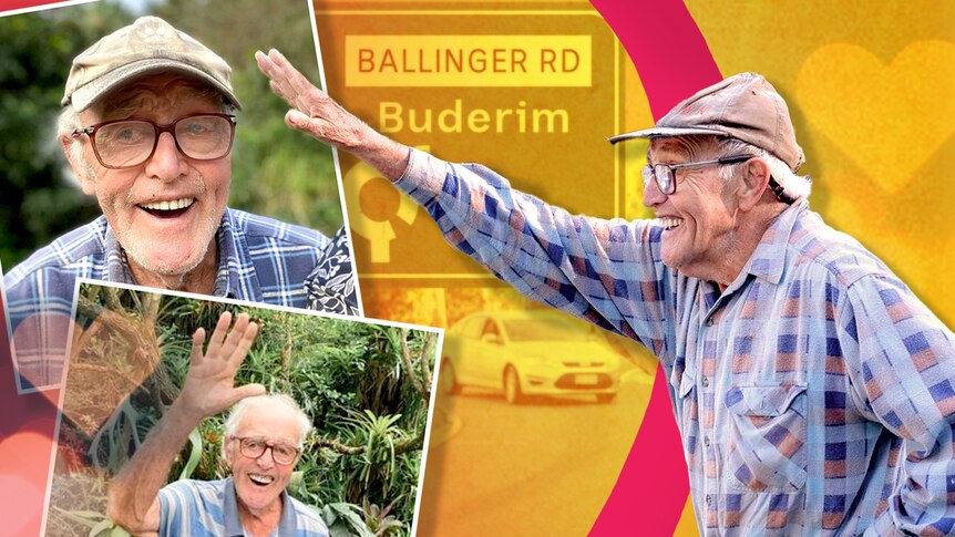Photos of an elderly man waving with a hat on.
