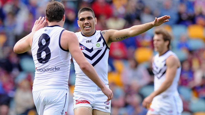 Fremantle's Michael Walters celebrates another goal against Brisbane at the Gabba.