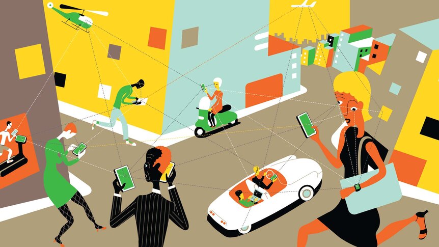 An illustration depicting many people connected by smartphones