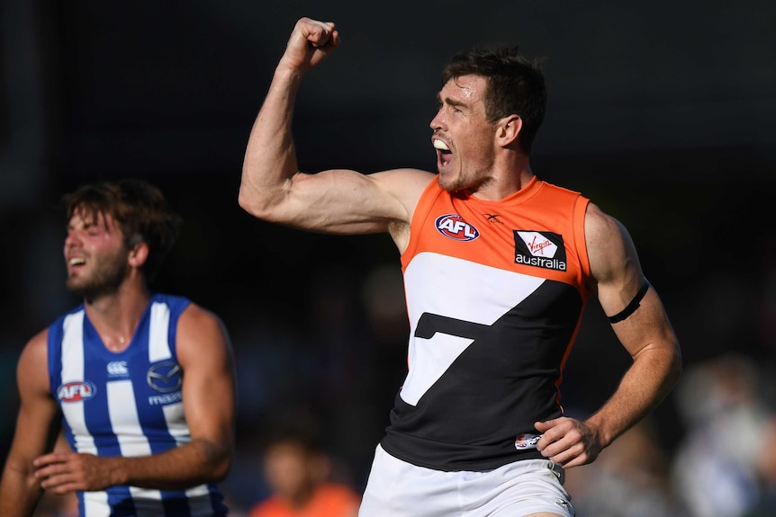 Jeremy Cameron celebrates a goal for the Giants during their victory in Hobart.