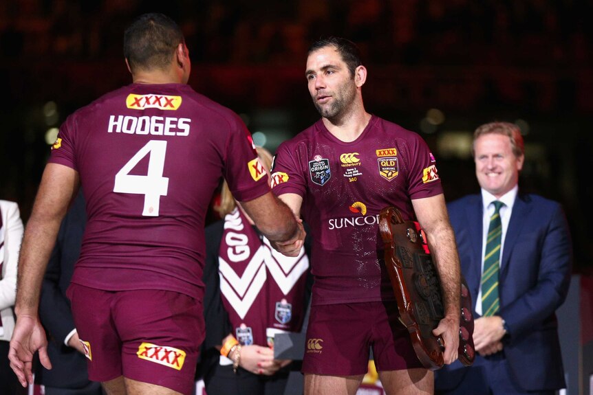 Justin Hodges and Cameron Smith after State Of Origin 2015