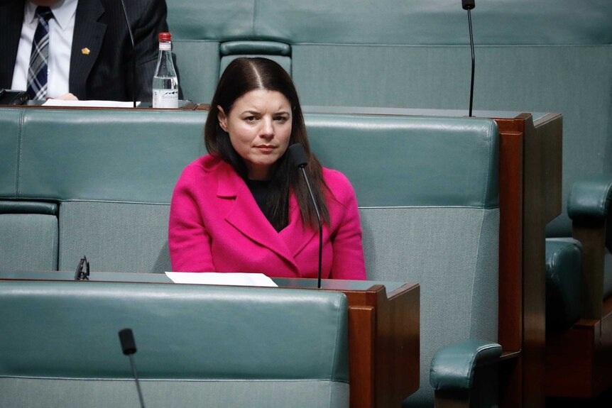Martin sits listening on the backbench in a pink jacket.