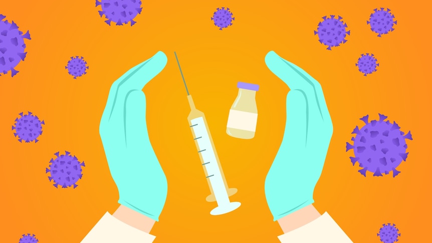 Illustration of a vaccine bottle and syringe between gloved hands surrounded by virus particles