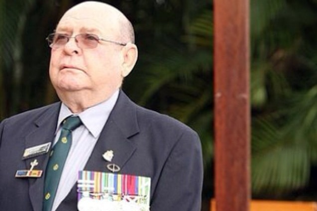 Laurie Drinkwater wearing his war medals.