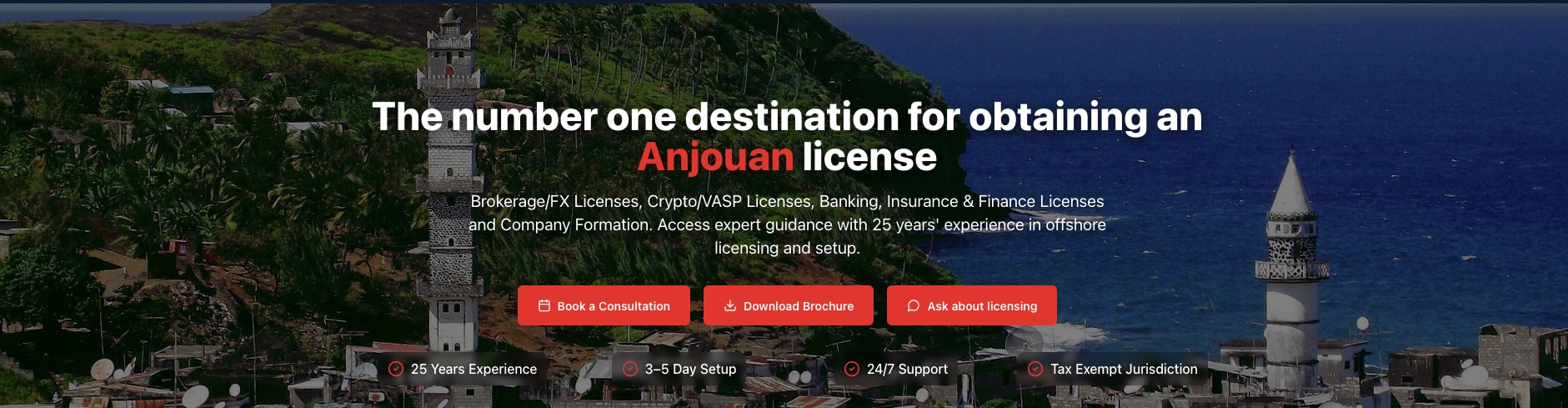 Uma captura de tela de um site com texto. "O destino número um para obter uma licença Anjouan".