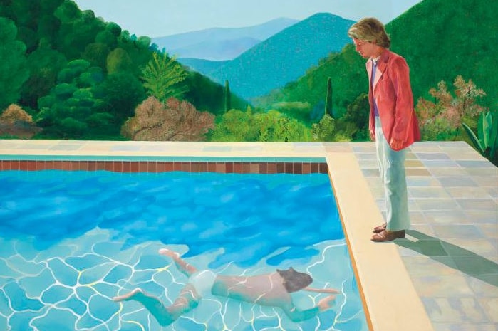 A painting of a man peering down at another man swimming underwater in a pool.