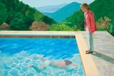 A painting of a man peering down at another man swimming underwater in a pool.