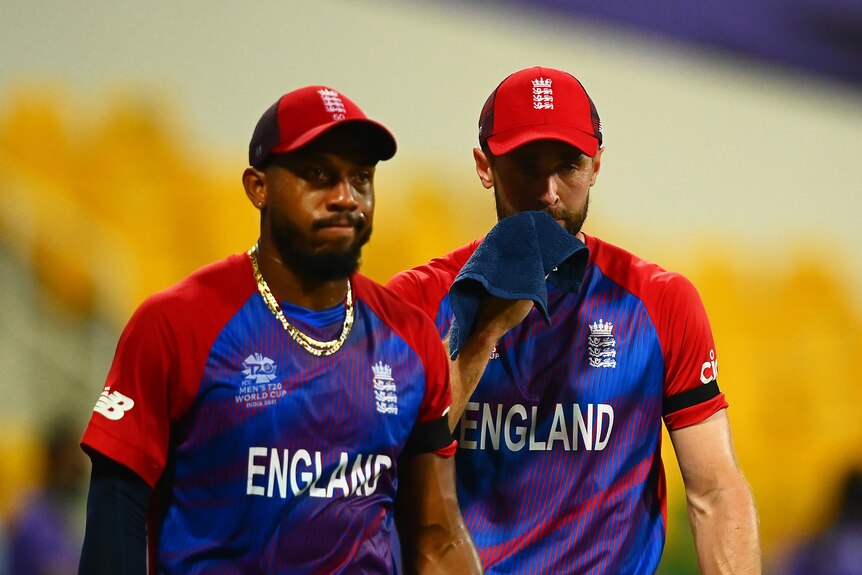 Two cricket players upset after a defeat.