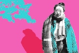 Carla Gee wearing a scarf with a funky colour treatment in the background