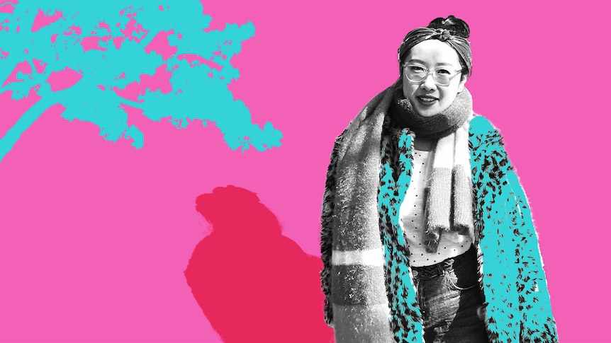 Carla Gee wearing a scarf with a funky colour treatment in the background