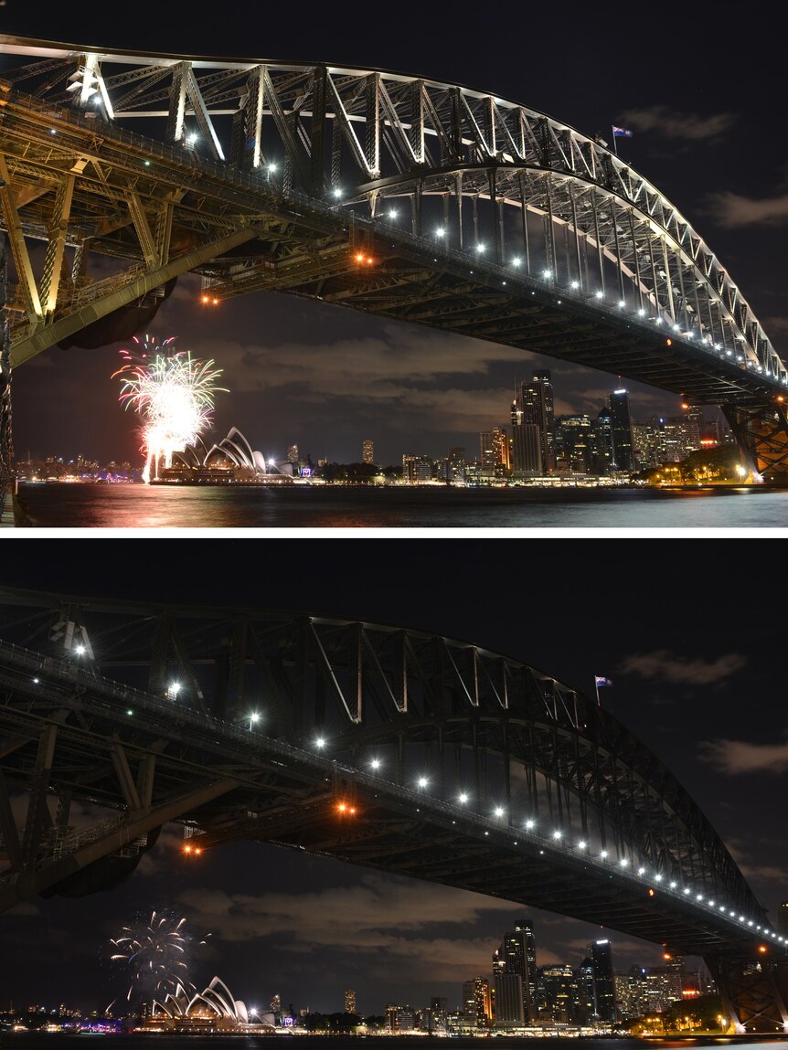 Sydney Harbour Bridge before and after Earth Hour