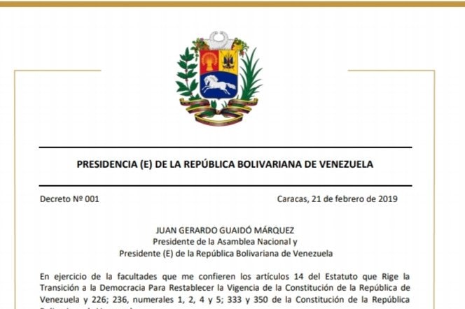 Presidential decree issued by Juan Guaido to allow aid into Venezuela, Feb 21, 2019