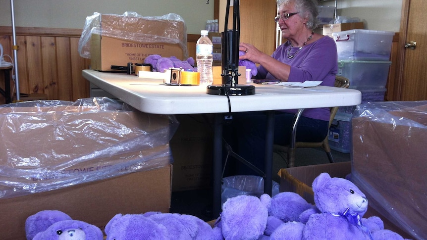The purple Bridestowe Estate Bobbie the Bear toys are filled with lavender and hand stitched.