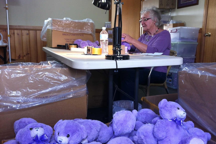 The purple Bridestowe Estate Bobbie the Bear toys are filled with lavender and hand stitched.