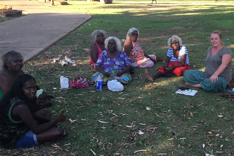 A photo of Kununurra elders having a meeting in a Kununurra park about how they can help local children.