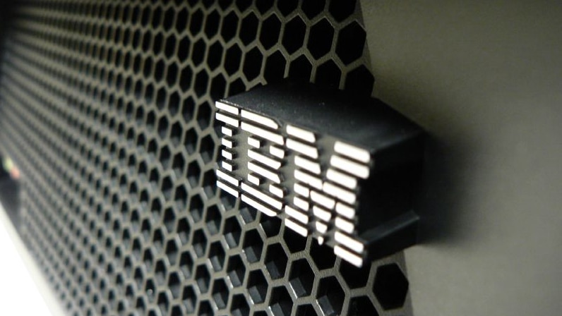 A steel logo of IT company IBM.