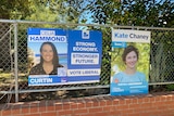 Election signs for Celia Hammond and Kate Chaney on a fence
