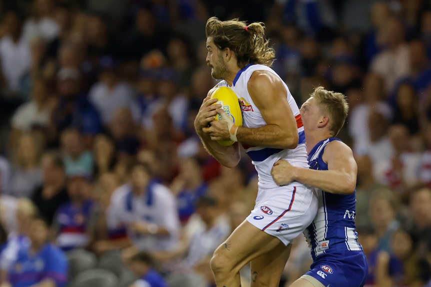 Josh Bruce takes a mark in an AFL game against the North Melbourne Kangaroos