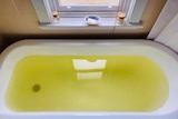 A bathtub filled with water that is yellow