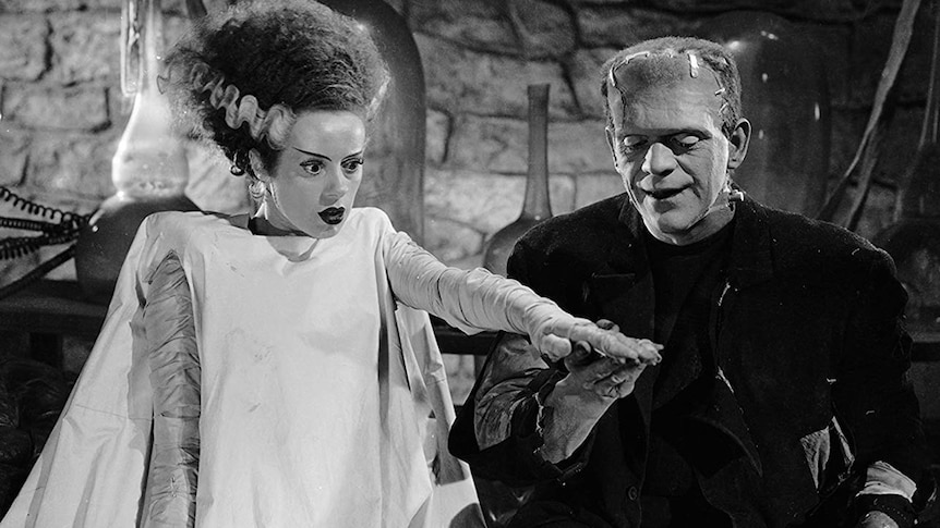 A still from the film Bride of Frankenstein with Frankenstein holding up the bride's arm and her looking at it in amazement.