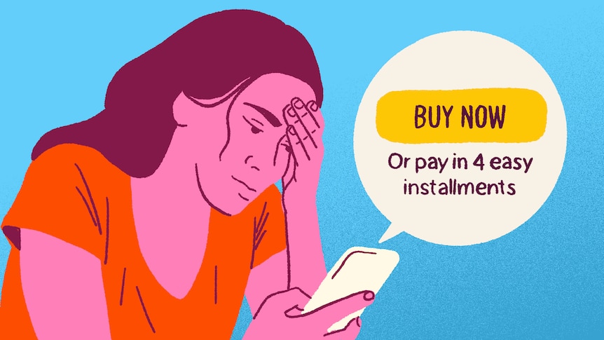 A woman holds a hand to her head, stressed, as she scrolls her phone and sees "buy now or pay in four easy instalments" onscreen