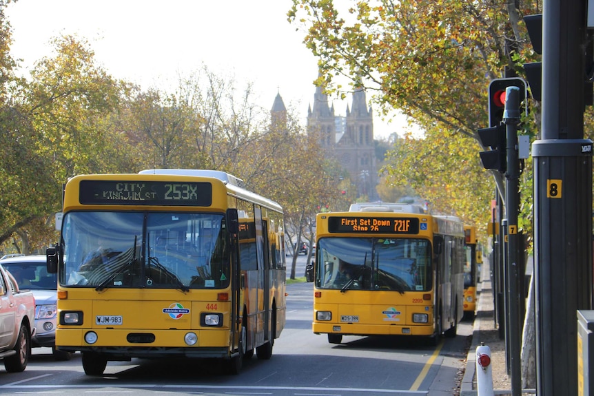 Two yellow buses roll down a city street. Cathedral-like buildings are visible in the distance.