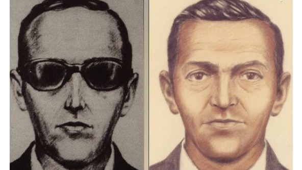 a black and white drawing of a man in sunglasses next to a colour drawing of a mans head