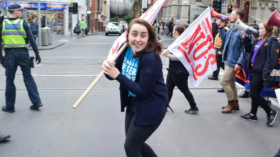 National Union of Students president Sinead Colee takes part in a protest in Melbourne.