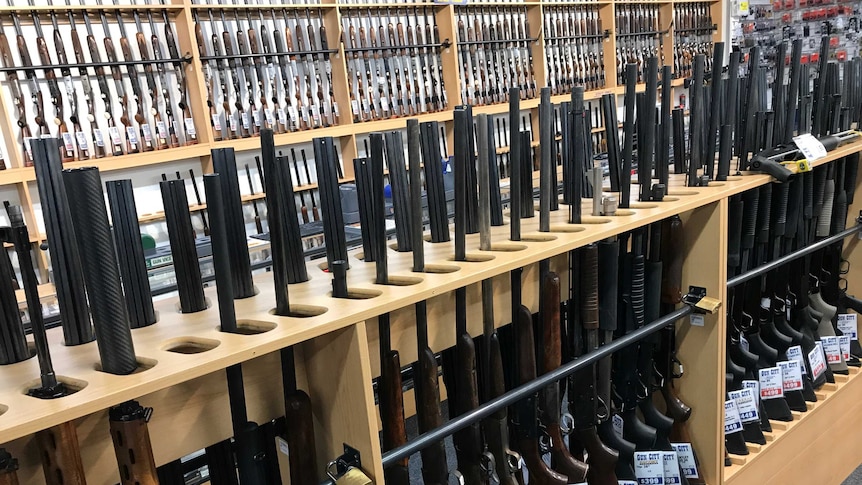 A row of rifles at a gun shop