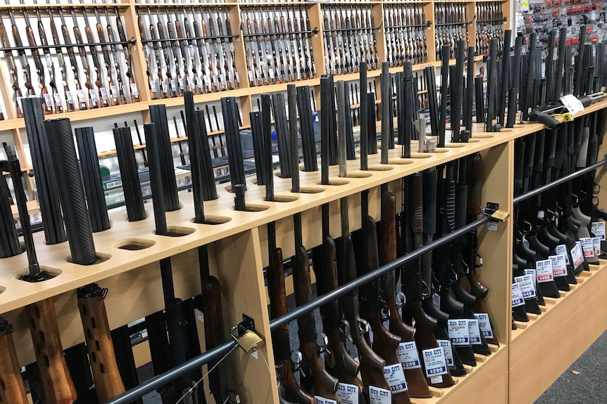 A row of rifles at a gun shop