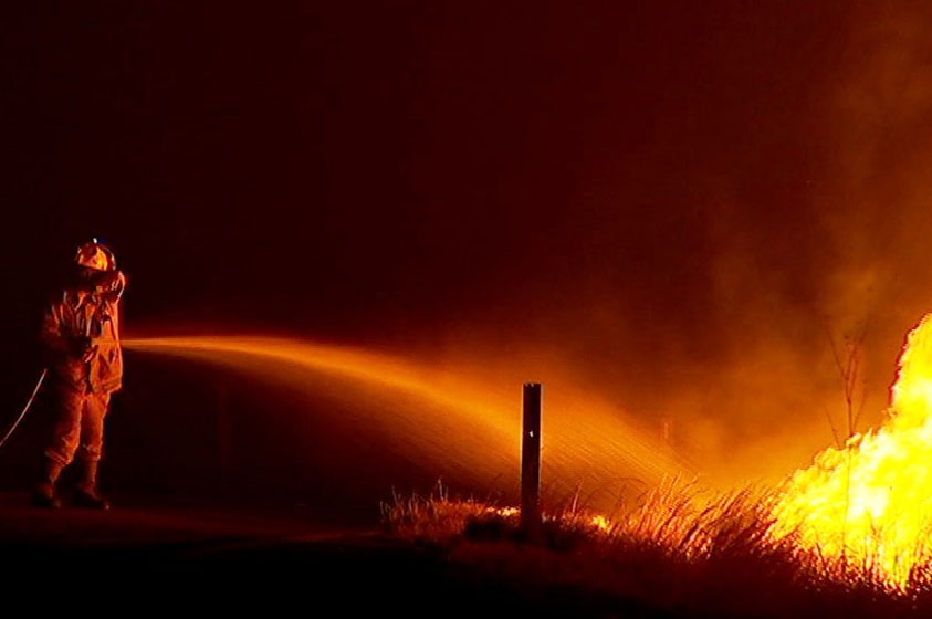Firefighter tries to douse bushfire at night at Stanthorpe.