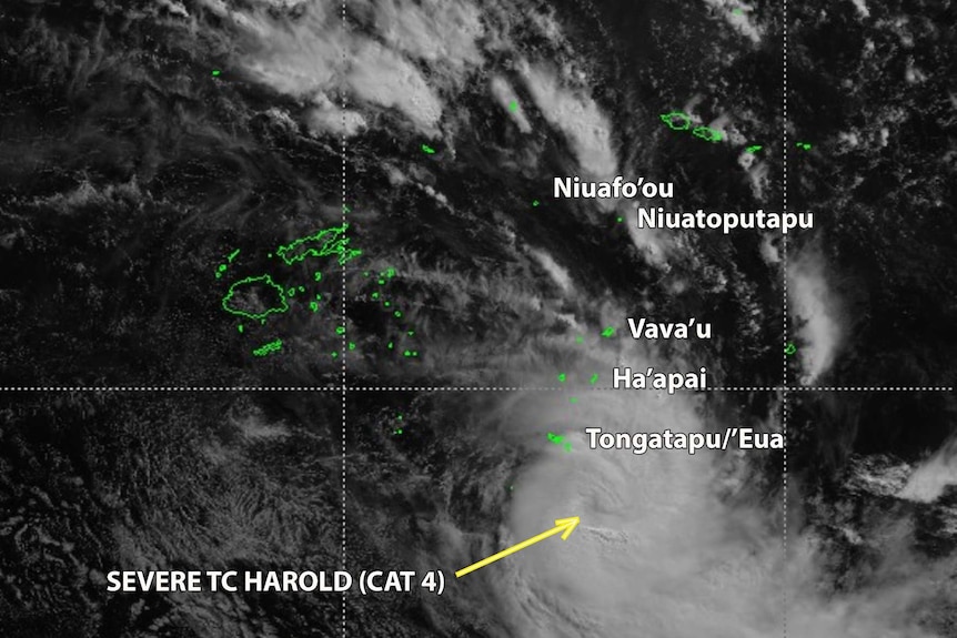 You see a black and white infrared satellite image of the south Pacific showing a cyclone pass south of the Tongan island chain.