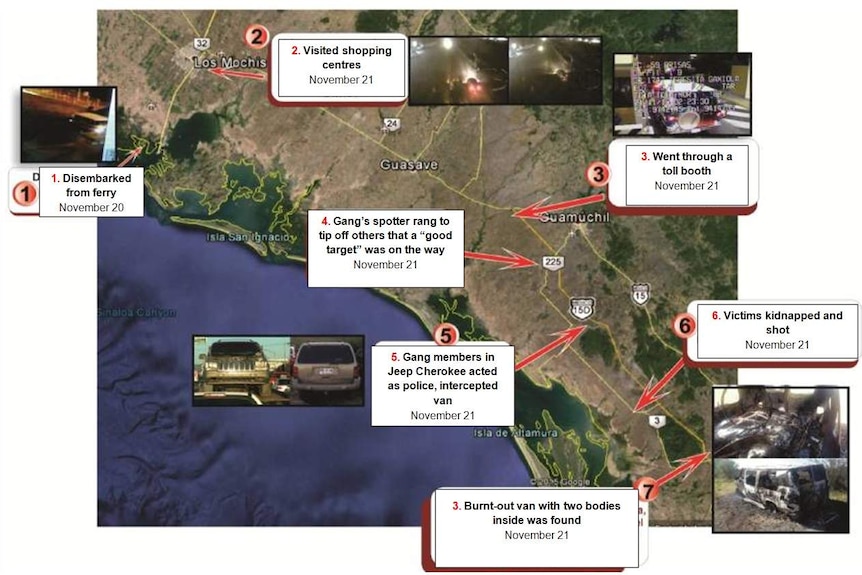 Map showing how the murder of Australian surfers in Mexico unfolded.