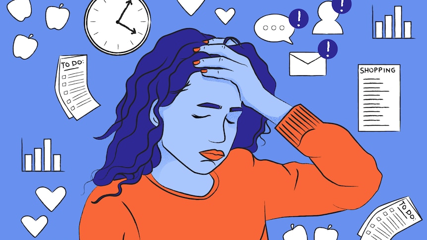Illustration of a woman with blue skin and hair and an orange jumper surrounded by images of lists, clocks, alerts