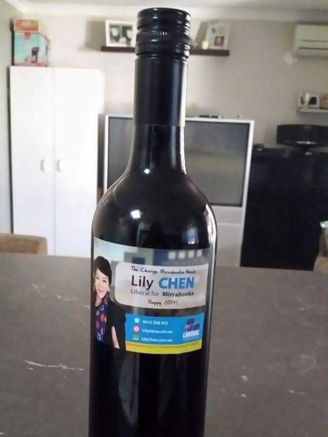 A bottle of wine featuring Lily Chen on the label.