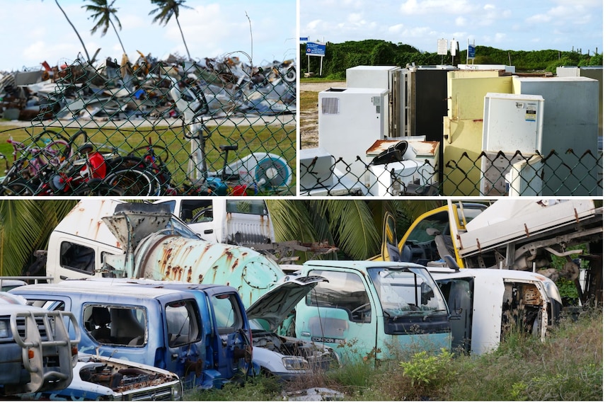 Three photos patched together showing disposed vehicles, rubbish pile and airconditioners.