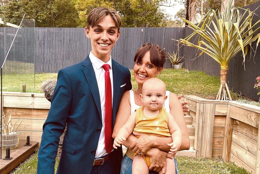 Connor Phillips with his mother Dallas and brother Teddy, on the way to his Year 12 formal in Brisbane.