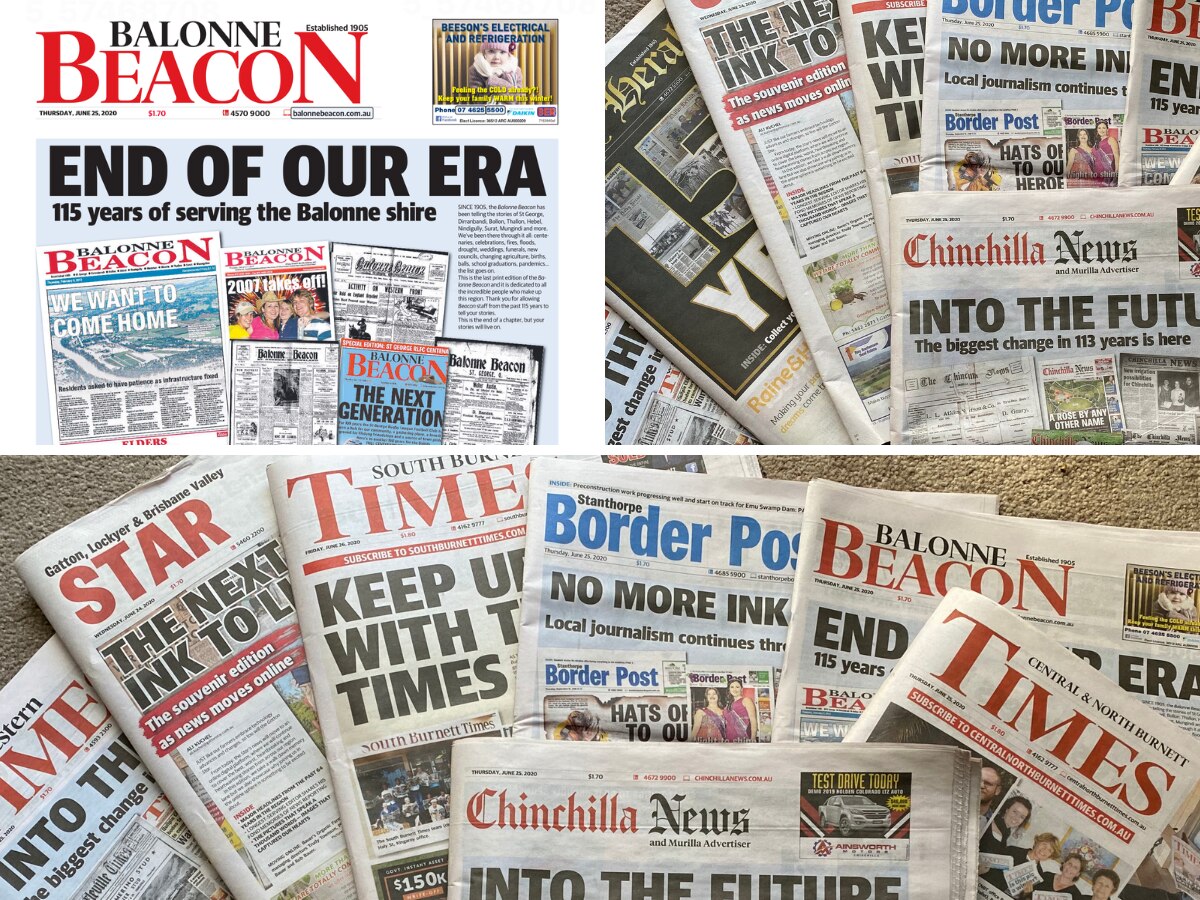 Composite of different newspapers, starting with Balonne Beacon, some spread out like a fan, chinchilla news, Star, Times.