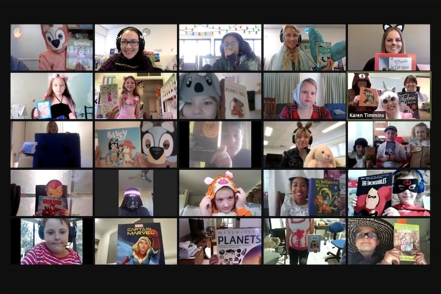 A screen grab of primary school children in costumes on a Zoom call