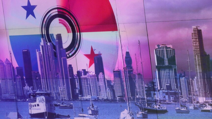 A composite image of Panama flag and skyscrapers