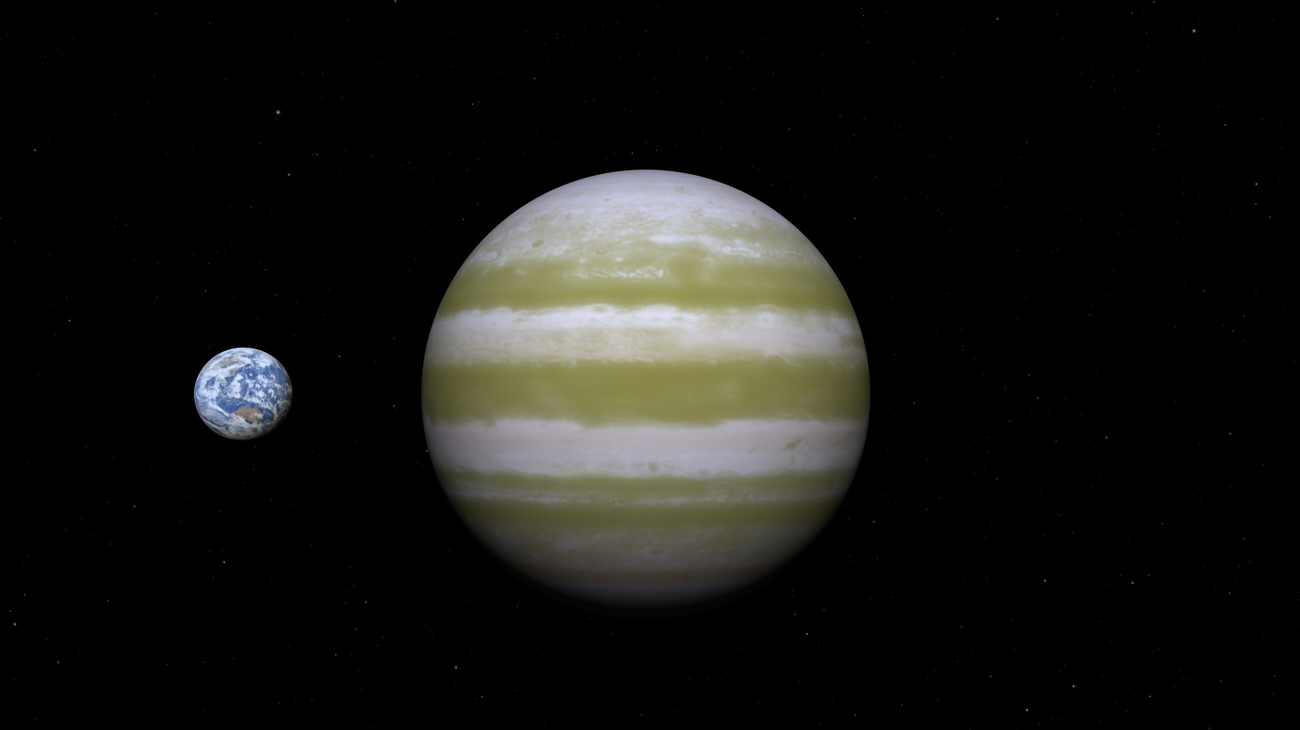 A big circle planet striped white and yellow in black space with a small earth next to it
