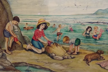 Pixie O'Harris painting of a seaside scene.