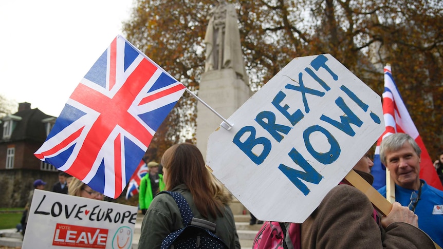 Man stands with "Brexit now" placard over his shoulder with a British flag attached.