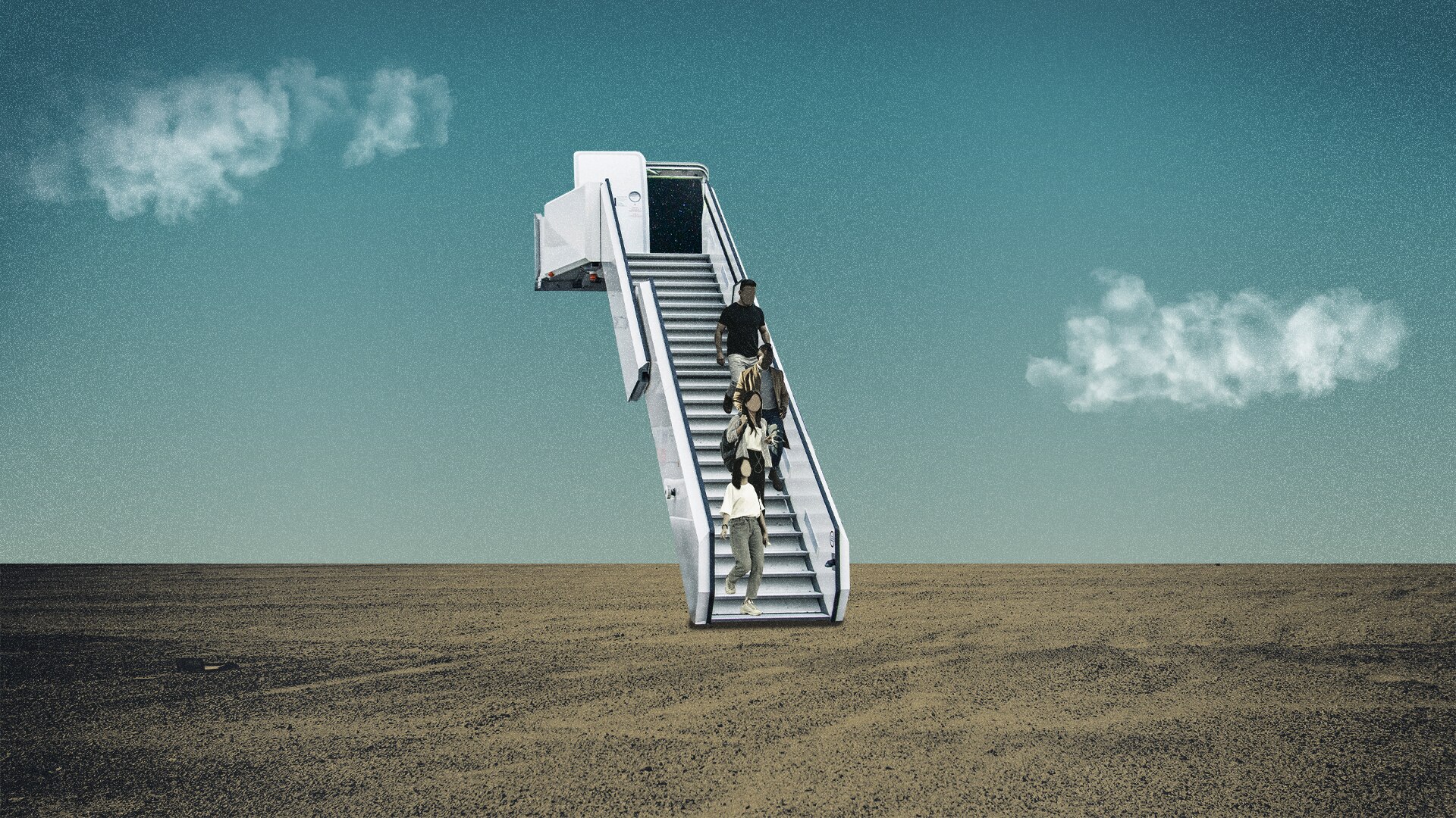 Graphic of migrants walking down a staircase.