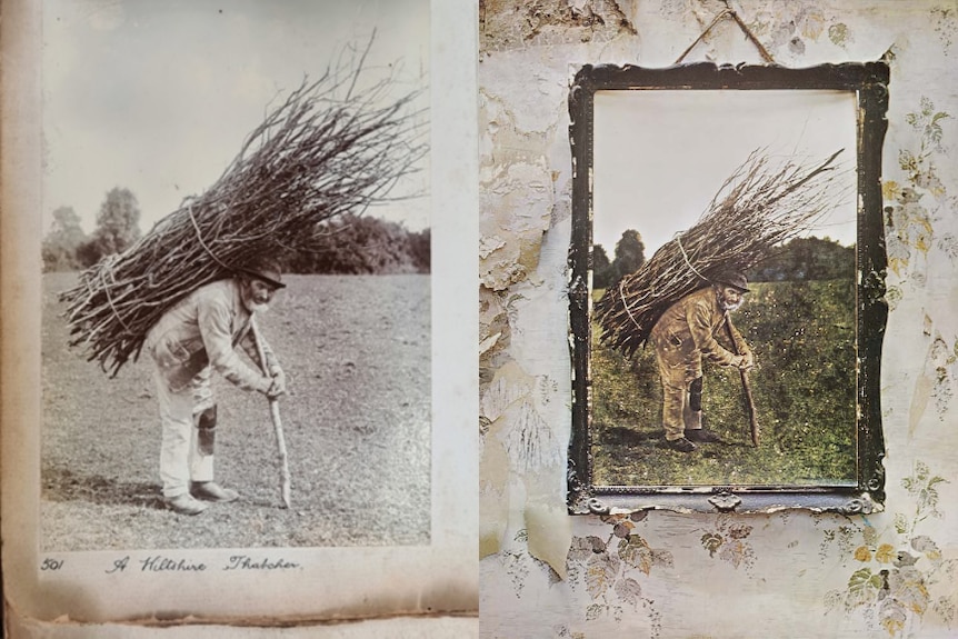 A composite of an old photo and an album cover of the same photo in colour hung on a wall 