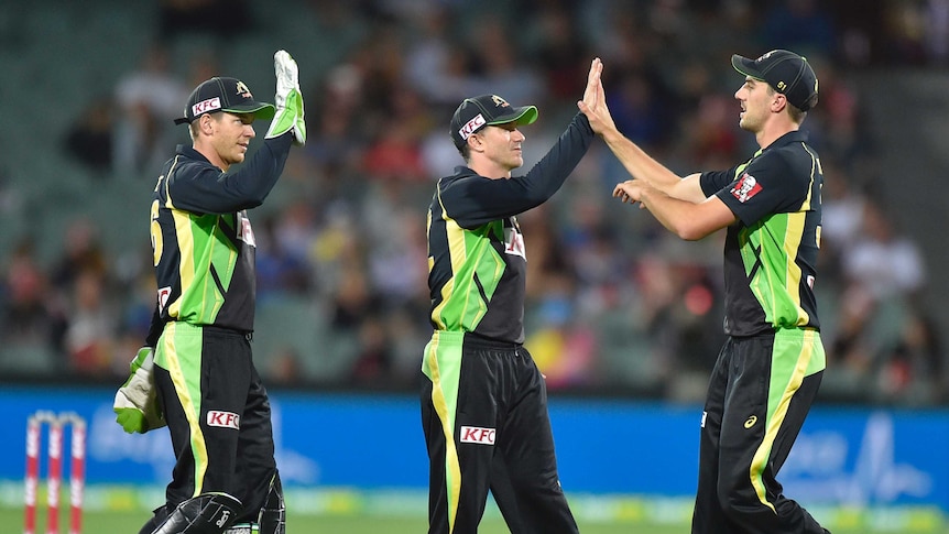 Australian players celebrate the wicket of Kusal Mendis of Sri Lanka during the International T20 cricket match.
